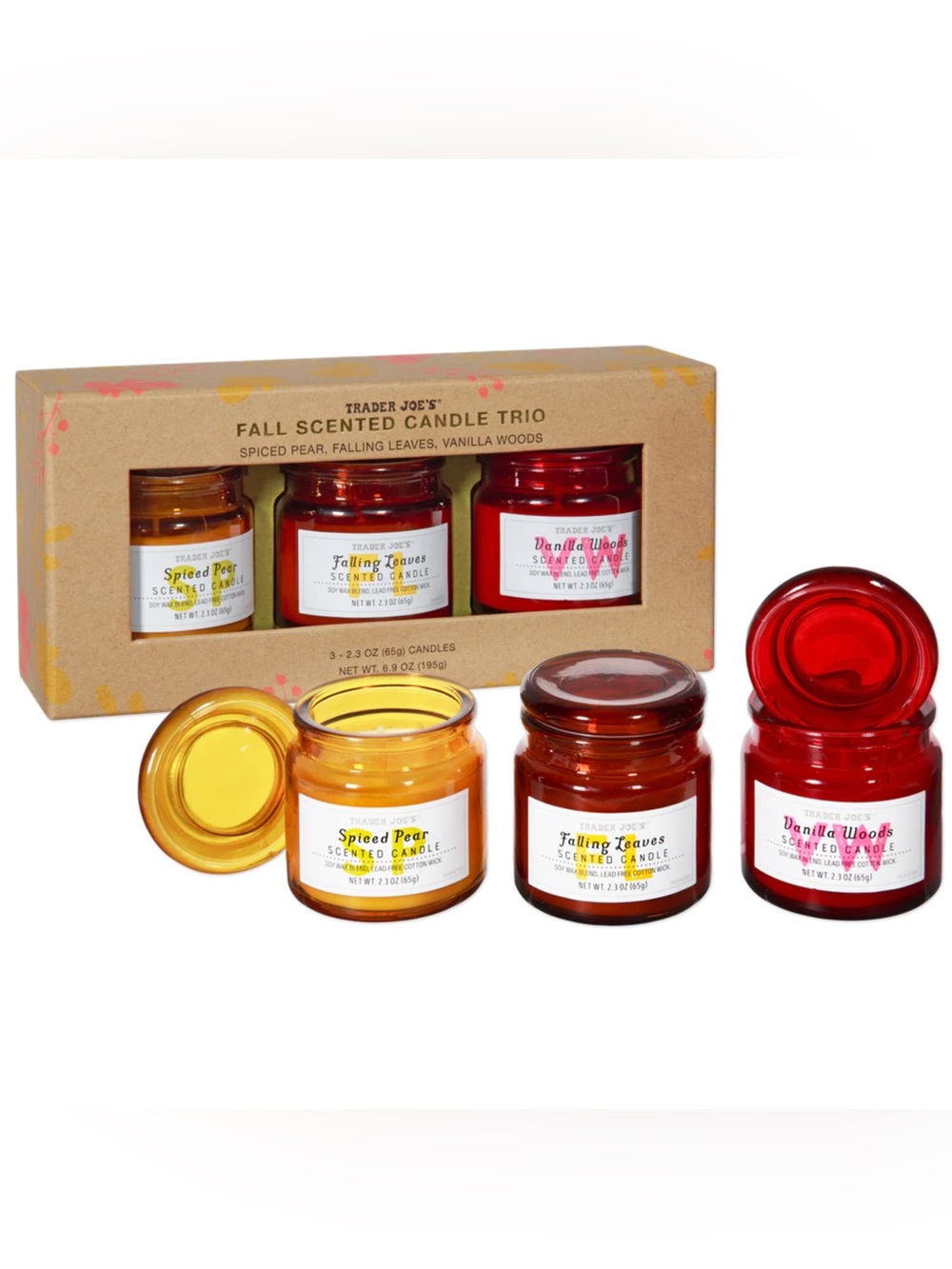 NEW Trader Joes Fall Scented Candles Trio Spiced Pear Falling Leaf Vanilla Woods